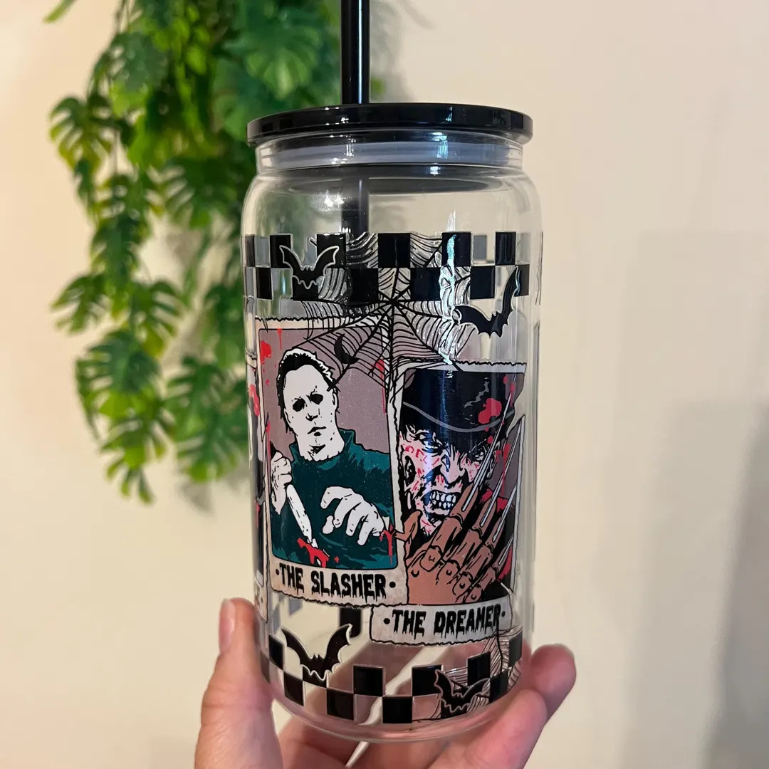 Halloween Glass Cup 16oz With Lid and Straw Horror Movie Characters Glass Cup Billy Jigsaw Chucky... | Etsy (US)