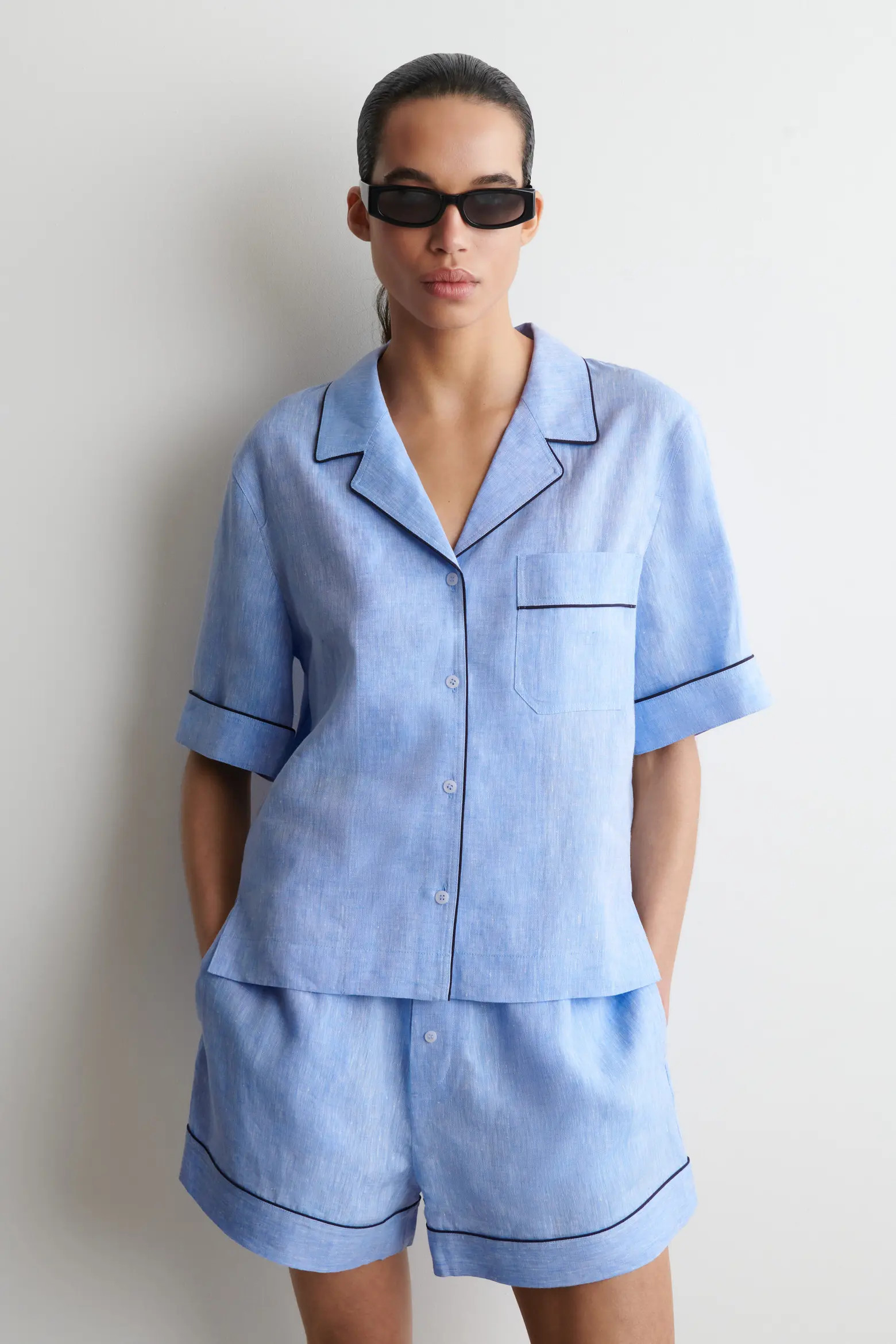 Contrast-piped Linen Resort Shirt (Women) | Nordstrom | Nordstrom