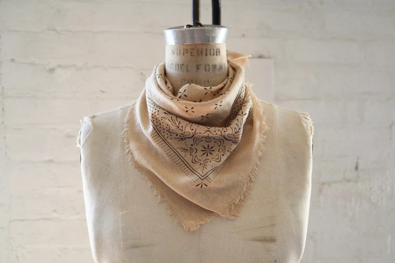 Oatmeal Classic Patterned Raw Silk Bandana/scarf- Black Ink - Etsy | Etsy (US)