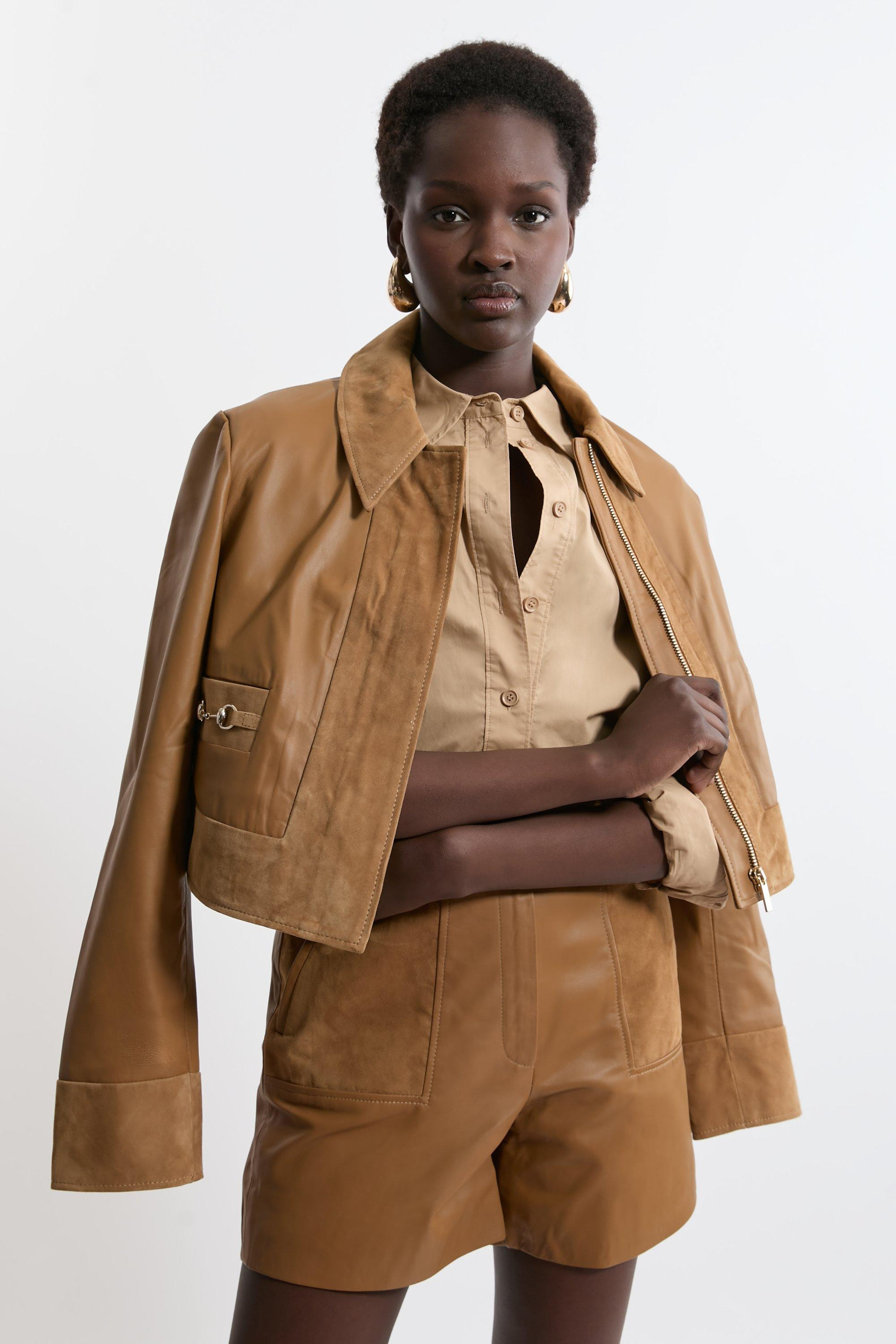 Leather & Suede Mix Shorts Co-ord | Karen Millen | Karen Millen UK + IE + DE + NL