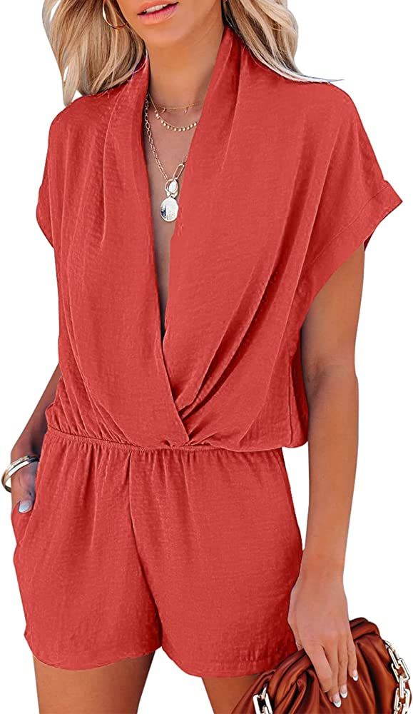 LYANER Women's Summer V Neck Wrap Ruched Front Pockets Short Sleeve Romper Jumpsuit | Amazon (US)