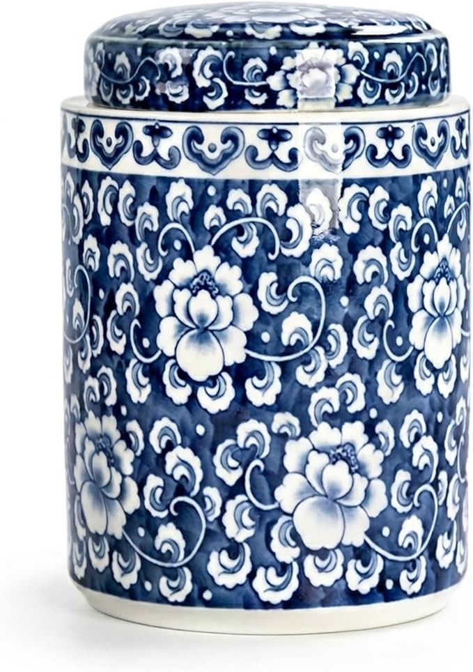 Antique Style Blue and White Porcelain Flowers Ceramic Covered Jar Vase, China Ming Style, Jingde... | Amazon (US)