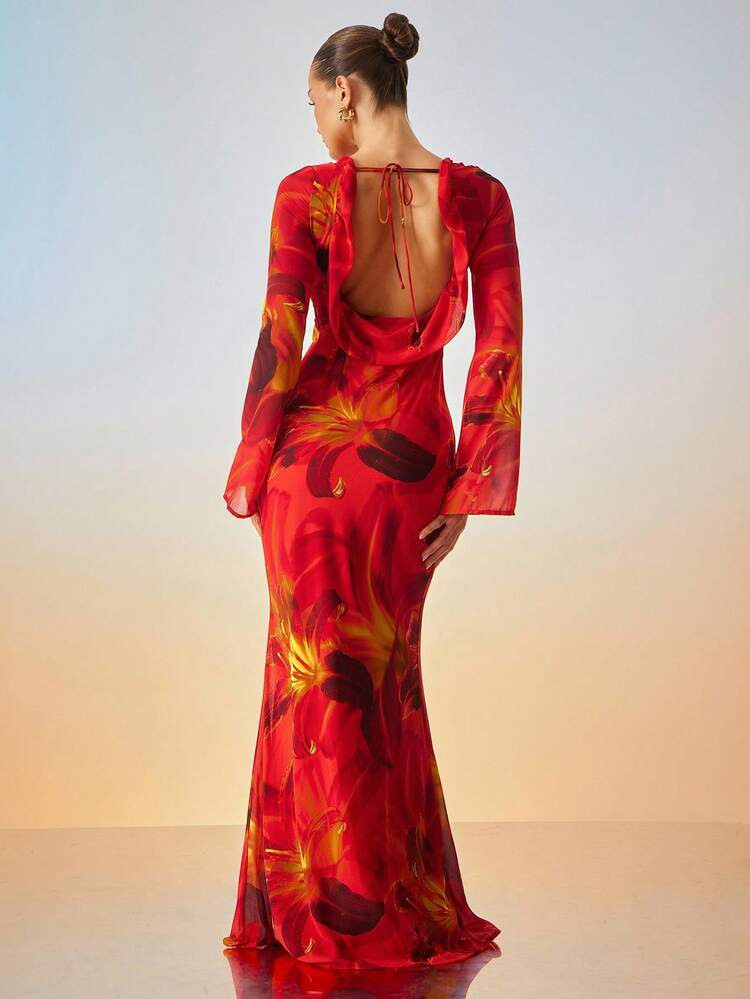 Hauture Women's Sexy Summer Vcay Red Floral Printed Chiffon Front Twist Low Cowl Back Coverup Dress | SHEIN