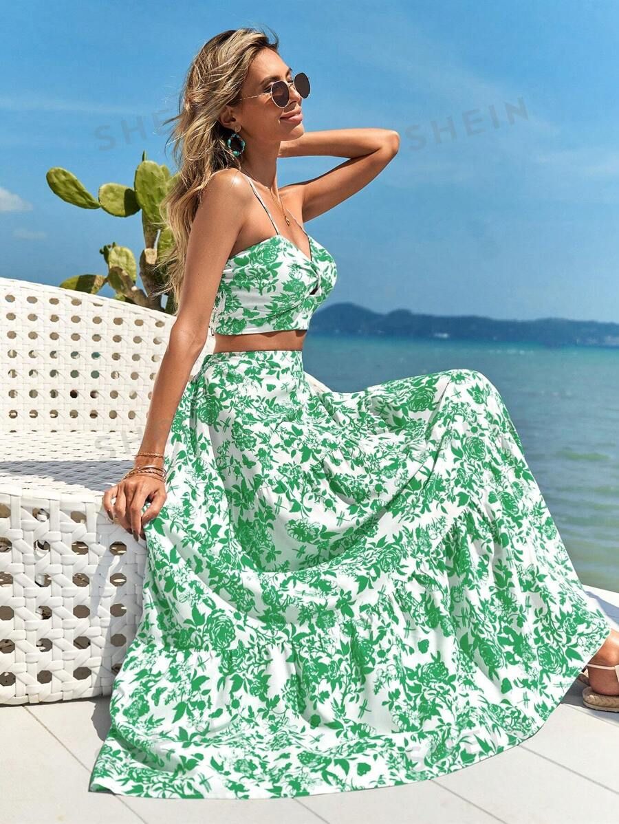 SHEIN VCAY Women Beach Vacation Plant Print Crop Top With Twist Back And Maxi Skirt Set | SHEIN