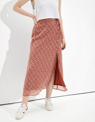 AE Floral Button-Up Slit Midi Skirt | American Eagle Outfitters (US & CA)