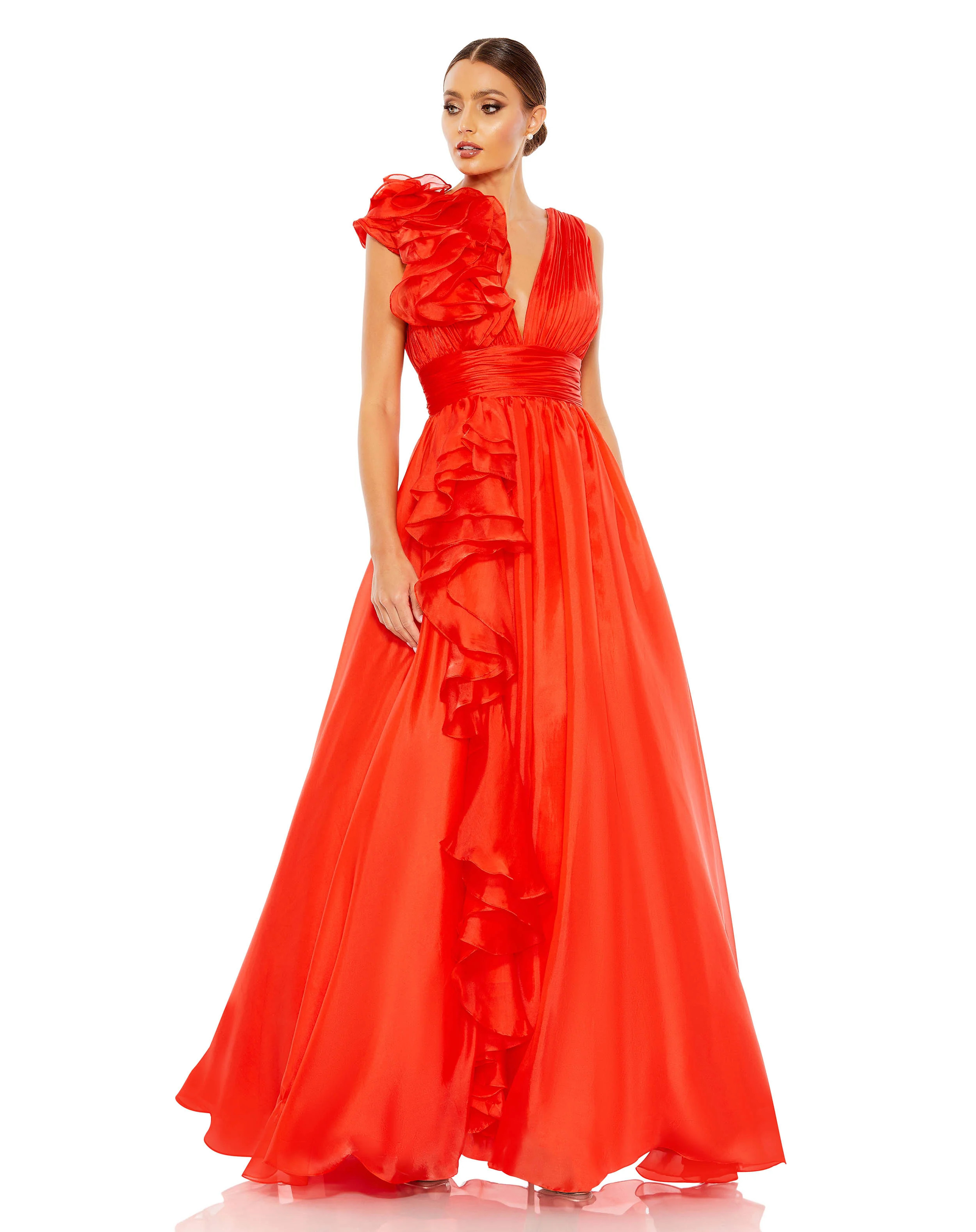 Ruffle Shoulder V-Neck Chiffon Gown | Mac Duggal