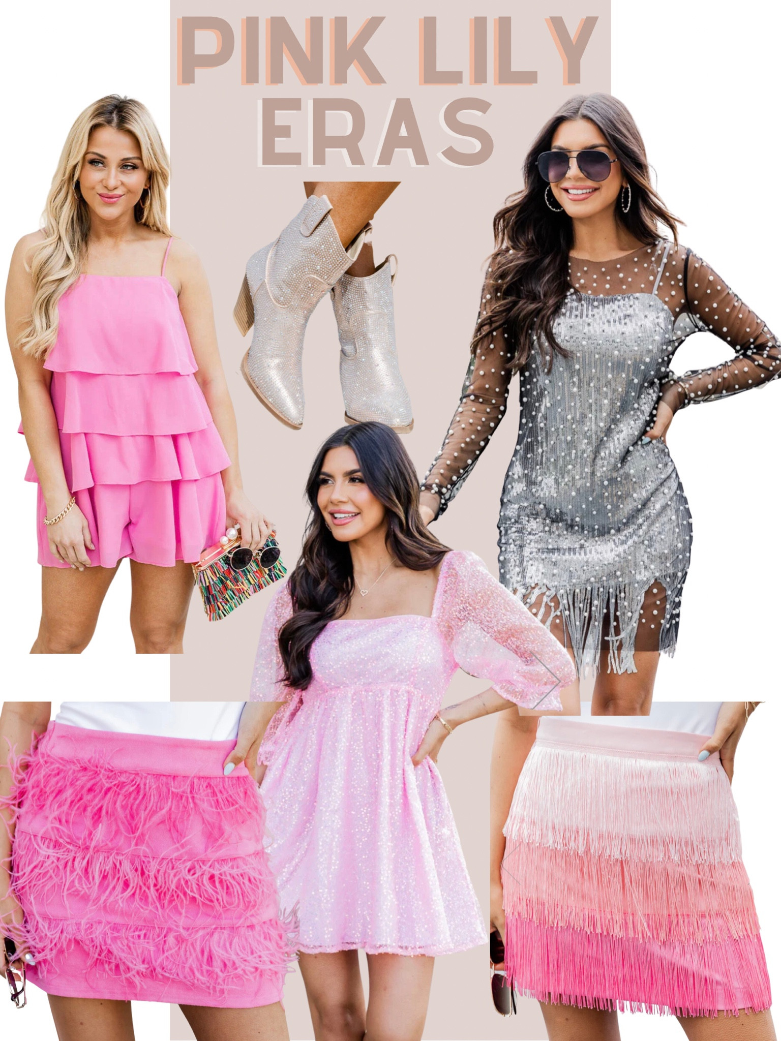 Pink lily concert style, spring style, Taylor swift, eras tour, sequins, drill skirt, mini skirt, ruffle, mini dress, tassels, western boots, rhinestone boots, cowboy boots

#LTKstyletip #LTKtravel #LTKSeasonal