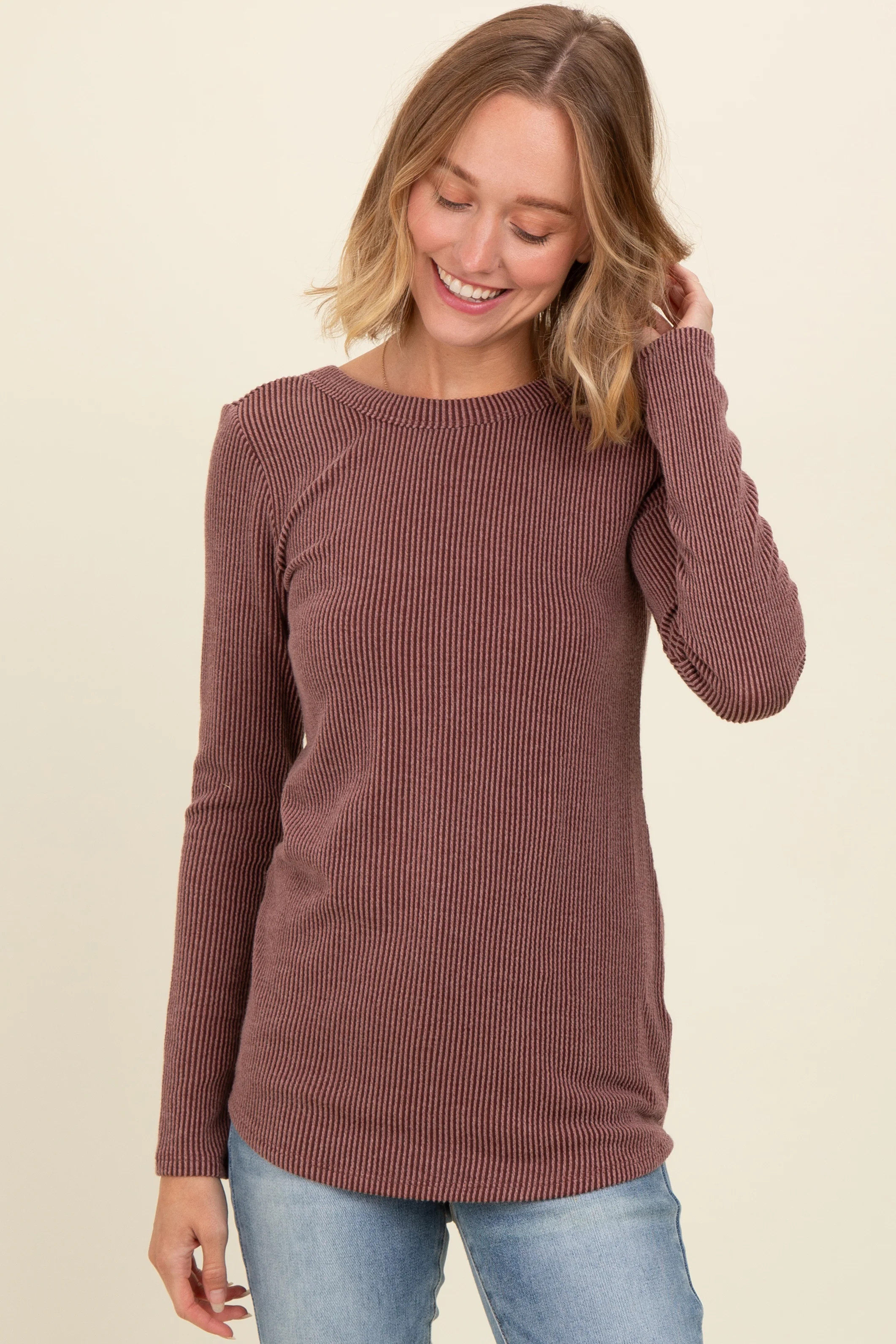 Brown Ribbed Scoop Neck Long Sleeve Top | PinkBlush Maternity