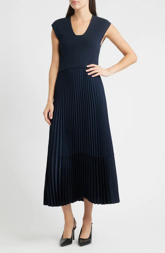 BOSS Flissani Pleated Mixed Media A-Line Dress | Nordstrom | Nordstrom