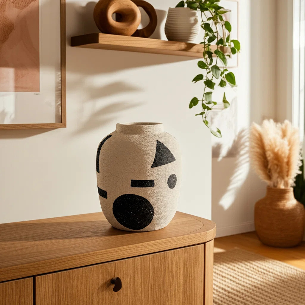 Boho Stoneware Decorative Vase - 6" Ivory & Black Ceramic Tabletop Accent for Home, Office, Bedro... | Wayfair North America