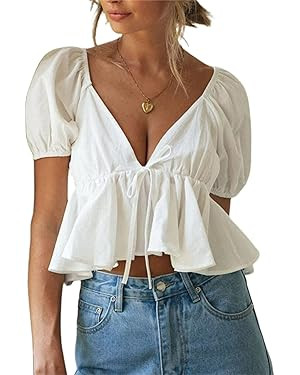 Womens Ruffle Hem Peplum Crop Top Deep V Neck Puff Short Sleeve Tie Up Back Blouse Shirts | Amazon (US)