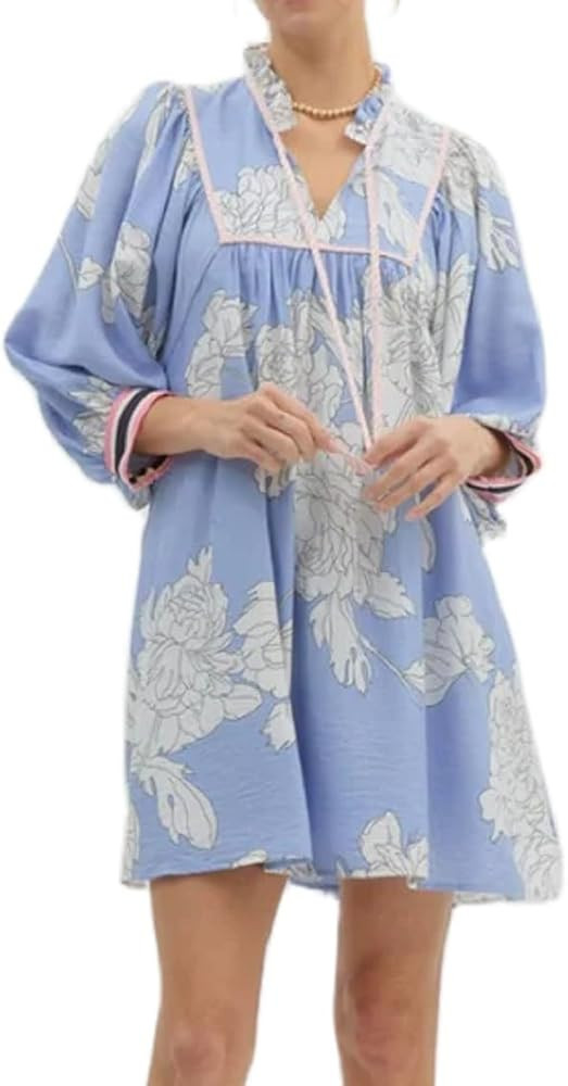 Women Boho Floral Short Dress Puff Sleeve Flowy Babydoll Dress V Neck Smocked Shirt Dresses Bohem... | Amazon (US)