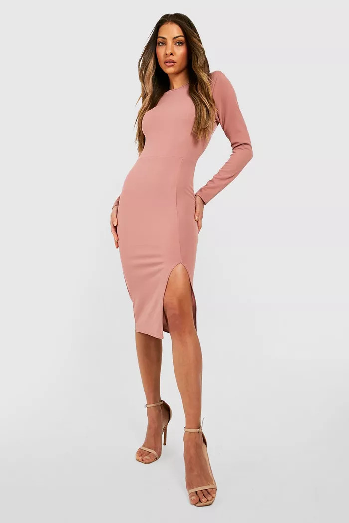 Shoulder Pad Split Side Fitted Midi Dress | boohoo (US & Canada)