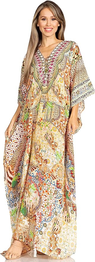 Sakkas Yeni Women's Short Sleeve V-Neck Summer Floral Long Caftan Dress Cover-up | Amazon (US)