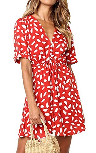 Angashion Women's Dresses - Button Deep V Neck Floral Printed Short Sleeve Drawstring Tie Waist M... | Amazon (US)