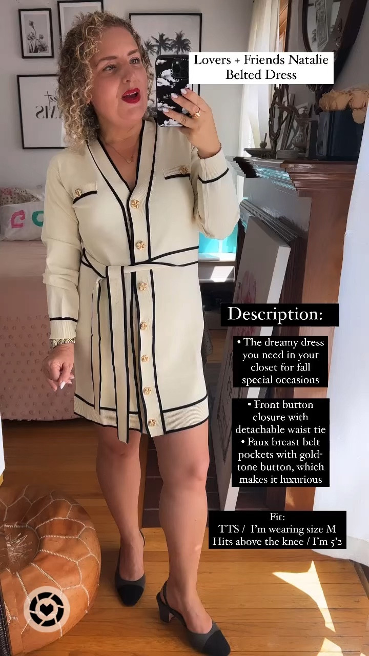 Fall in love with the Lovers + Friends Natalie Belted Dress - your passport to luxury! 💫 Get ready to steal the spotlight at special occasions with its dreamy design. Channel your inner Chanel vibes without breaking the bank. ✨

✨ Features:
- Front button closure with a detachable waist tie for that perfect fit.
- Faux breast belt pockets adorned with gold-tone buttons for a touch of luxury.

👗 Fit:
- True to size (TTS) – I'm rocking a size M.
- Hits above the knee, perfect for petite frames (I'm 5'2).

👠 Style it up:
Pair it with Chanel-inspired low heels, or check out the affordable dupes we found!

And guess what? We've found an amazing $25 dupe for this dress! 😱 Don't miss out on this chic deal. Click  to make it yours now. 🛍️ 

#FashionFinds #AffordableLuxury #quiteluxury 




#LTKover40 #LTKVideo #LTKparties