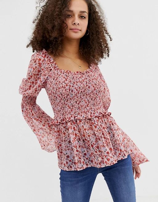 ASOS DESIGN long sleeve sheer square neck top with shirring in pink floral print | ASOS US