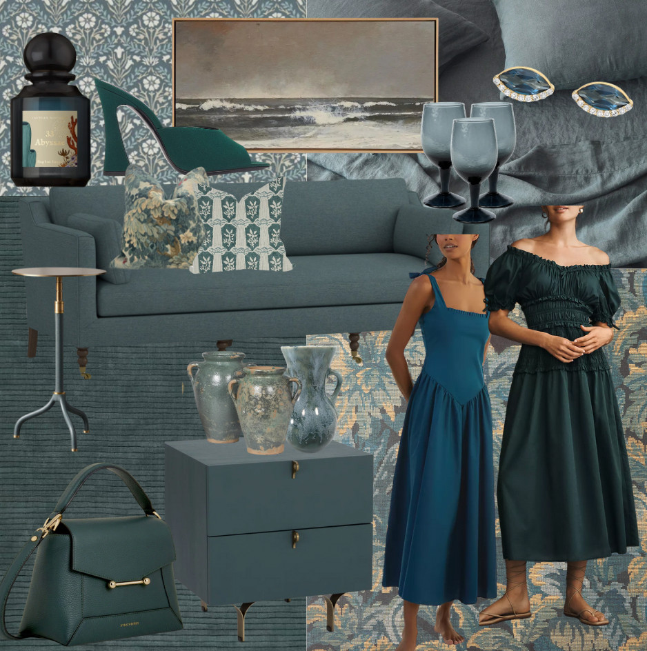 d e e p  d i v e

This month’s edit blends ocean tones in a way that feels both serene and richly layered. A local Austin artist’s seascape anchors the mood, while ocean-hued glassware and teal heels add polish. The deep teal sofa, paired with patterned pillows and vintage-style wallpaper, creates a setting that’s equal parts calm and collected. Two summer-to-fall dresses, a structured handbag, and sparkling earrings offer wearable ways to bring this tone into everyday life. Furniture details—from the nightstand and accent table to a trio of vintage vases—give the palette a quiet strength that reads elegant and intentional, never overpowering. 

 #LTKSeasonal #LTKHome #LTKFindsUnder50