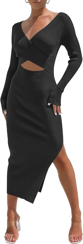 ANRABESS Women's Long Sleeve Wrap V Neck Crissover Cutout Front Stretch Ribbed Knit Slit Midi Sweate | Amazon (US)