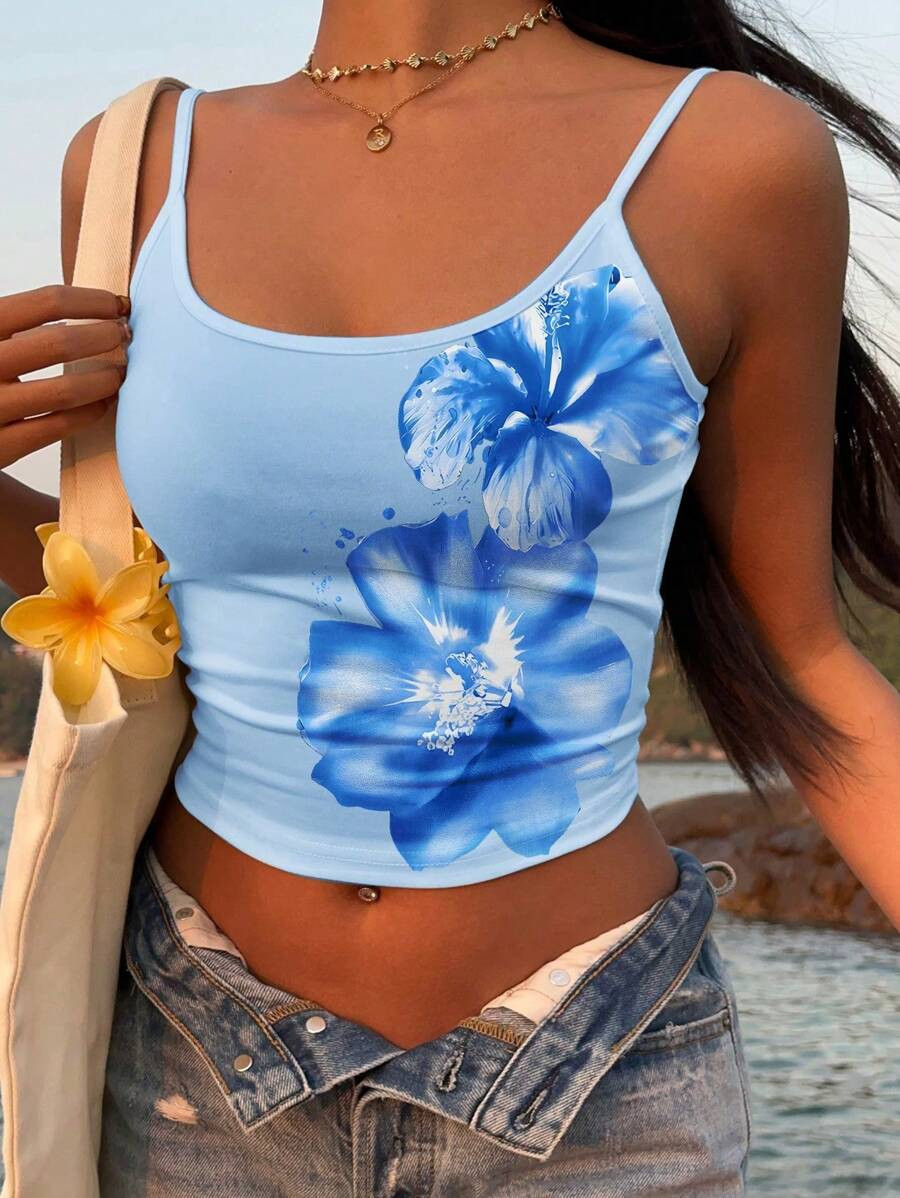 SHEIN EZwear Retro Style Vacation Tropical Cream Blue Floral Placement Print Sexy Racerback Tank ... | SHEIN