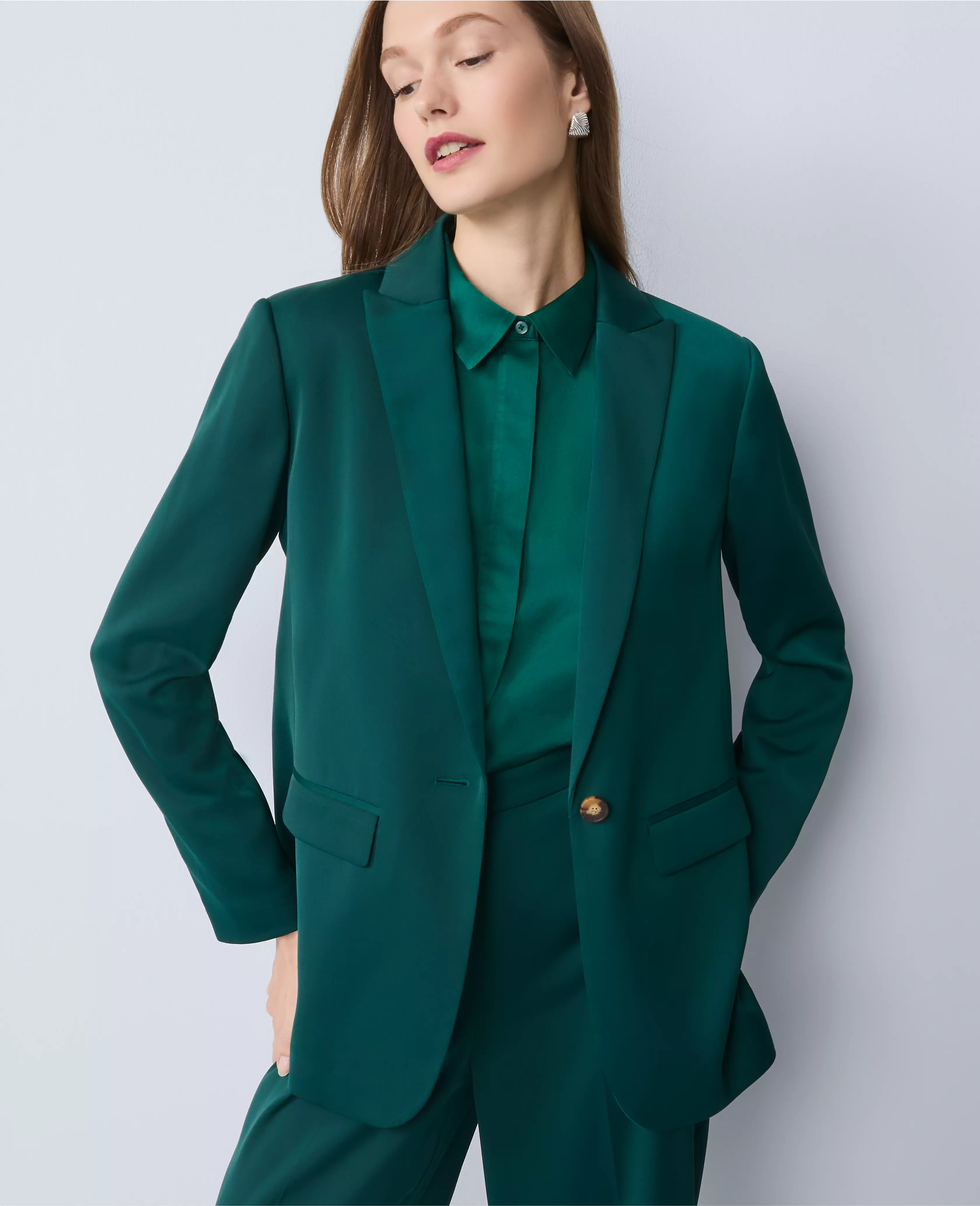 Satin Fitted Long Blazer | Ann Taylor