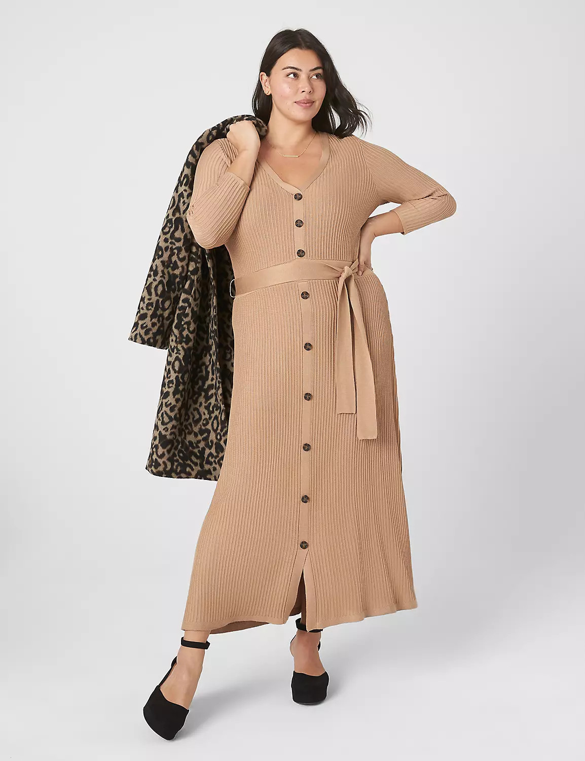 3/4-Sleeve V-Neck Button-Front Belted Sweater Dress | LaneBryant | Lane Bryant (US)