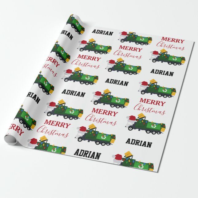 Christmas Recycling Garbage Truck Custom Name Wrapping Paper | Zazzle