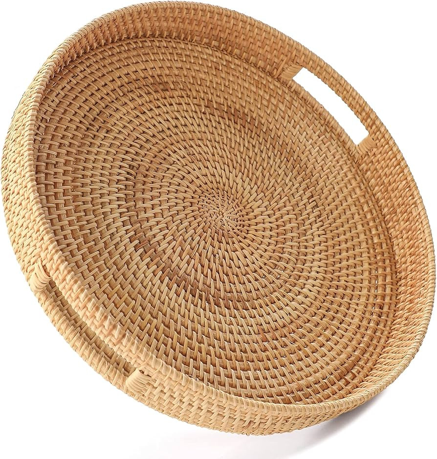 HITOMEN 11.8'' Hand-Woven Round Rattan Serving Tray Decorative Wicker Trays with Handles for Coff... | Amazon (US)