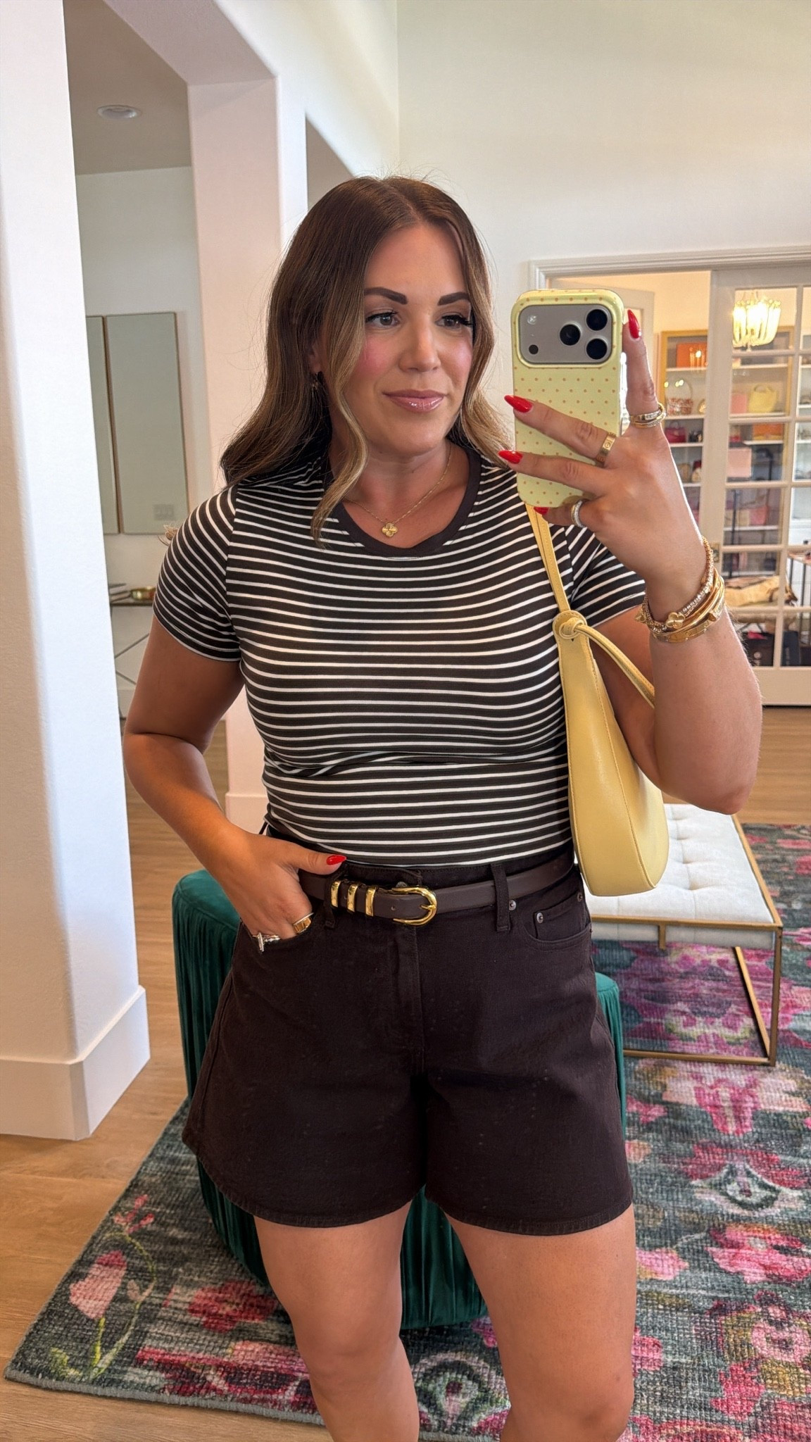 curvy midsize chocolate brown look for summer! wearing size medium in striped tee and size 30 in chocolate brown denim shorts 🤎

#LTKxAbercrombie #LTKSeasonal #LTKMidsize