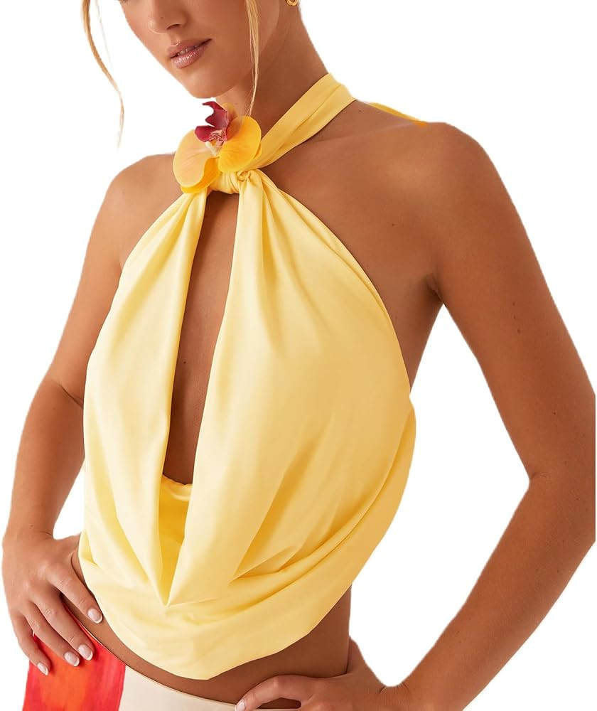 HOXIJIA Women Y2K Cowl Neck Tank Top Sleeveless 3D Flower Draped Front Solid Color Backless Halte... | Amazon (US)