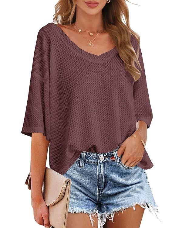 MEROKEETY Women's V Neck Batwing Half Sleeve Shirts Waffle Knit Loose Blouse Solid Color Tops | Amazon (US)