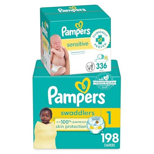 Pampers Swaddlers Disposable Baby Diapers Size 1, One Month Supply (198 Count) with Sensitive Water Based Baby Wipes 4X Pop-Top Packs (336 Count) | Amazon (US)