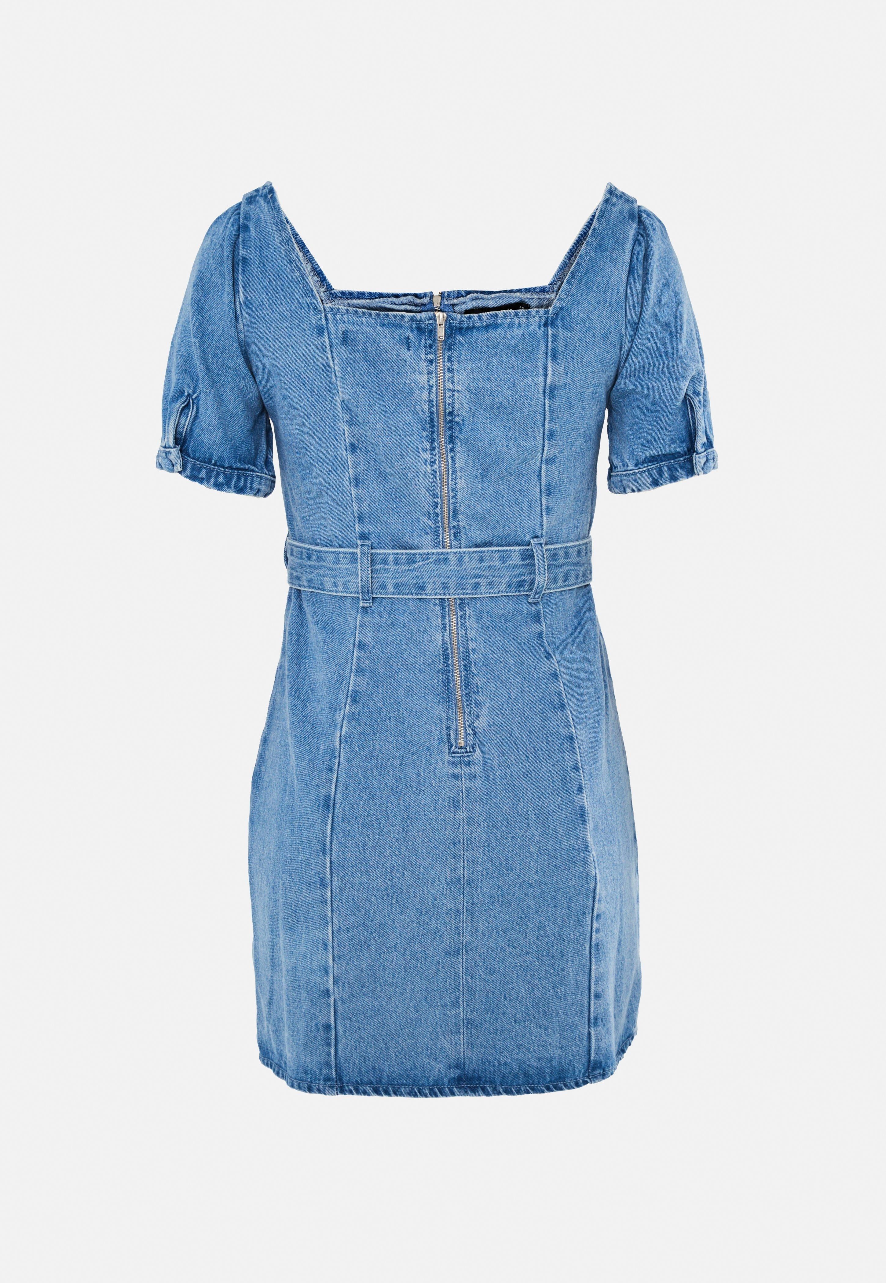 Blue Puff Sleeve Belted Denim Mini Dress | Missguided (US & CA)
