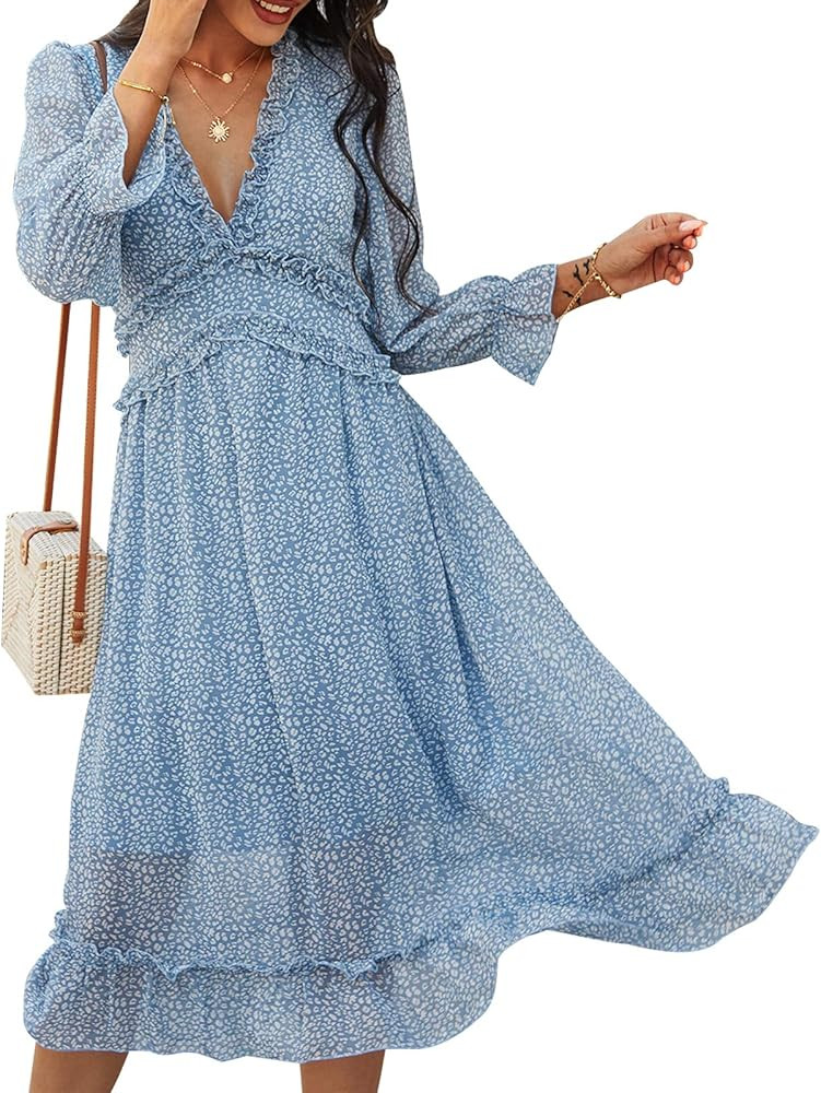 Women's Casual Midi Dress,V Neck Long Sleeves Floral Ruffle Summer Maxi Dresses | Amazon (US)