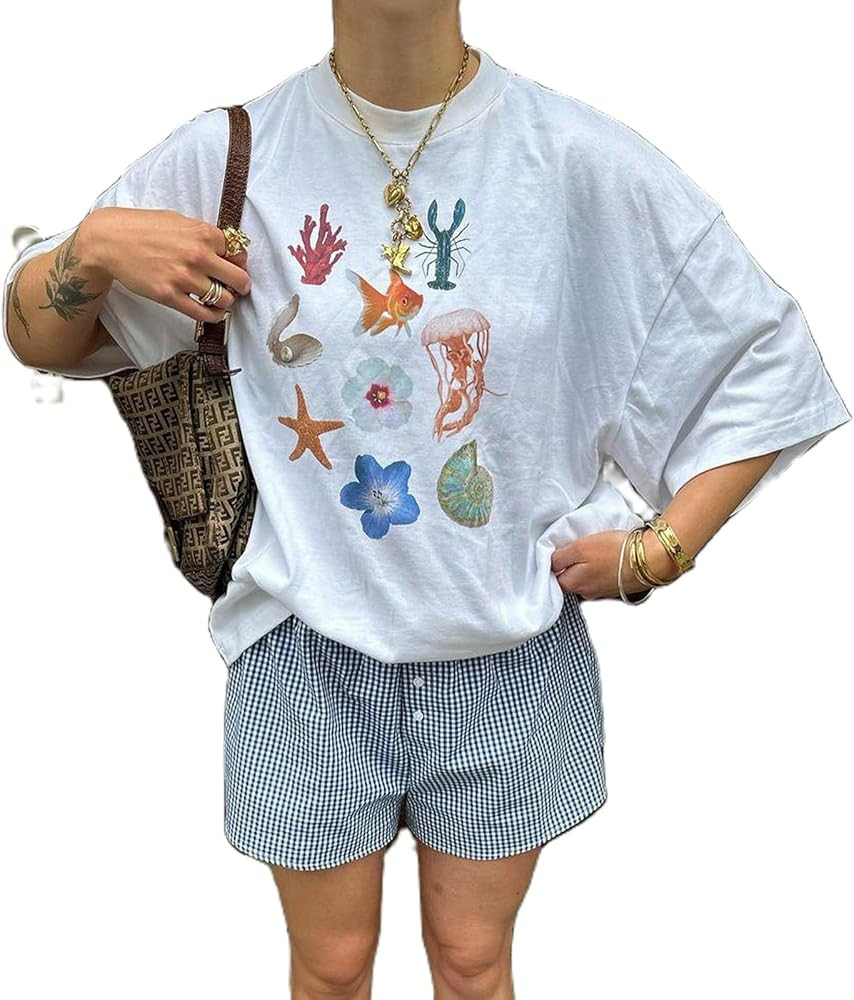 Women's Y2k Oversized Graphic Tshirt Fruit Print Half Sleeve Crew Neck Casual Loose Drop Shoulder... | Amazon (US)