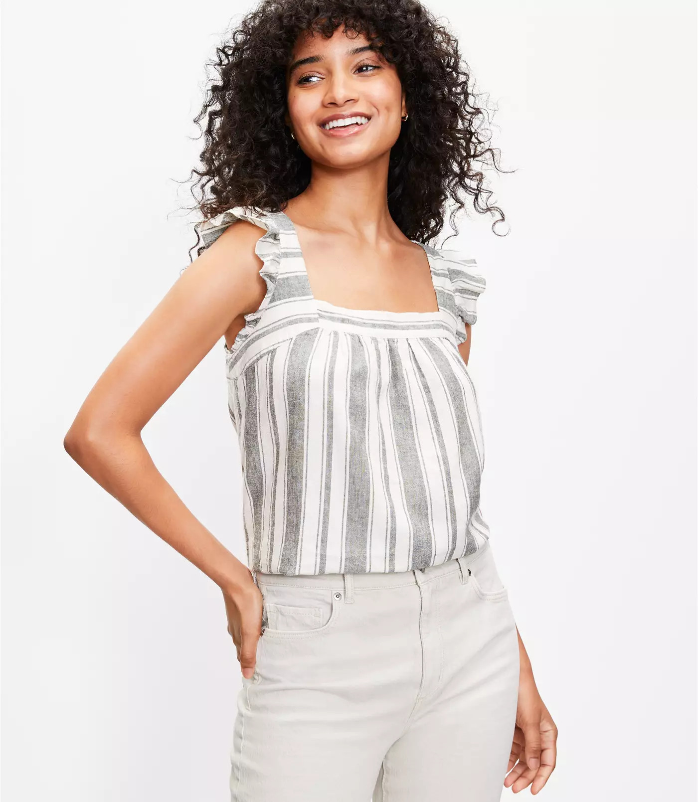 Striped Ruffle Shoulder Shell | LOFT | LOFT