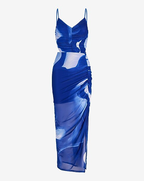 Printed Mesh V-Neck Sleeveless Cutout Ruched Maxi Dress | Express