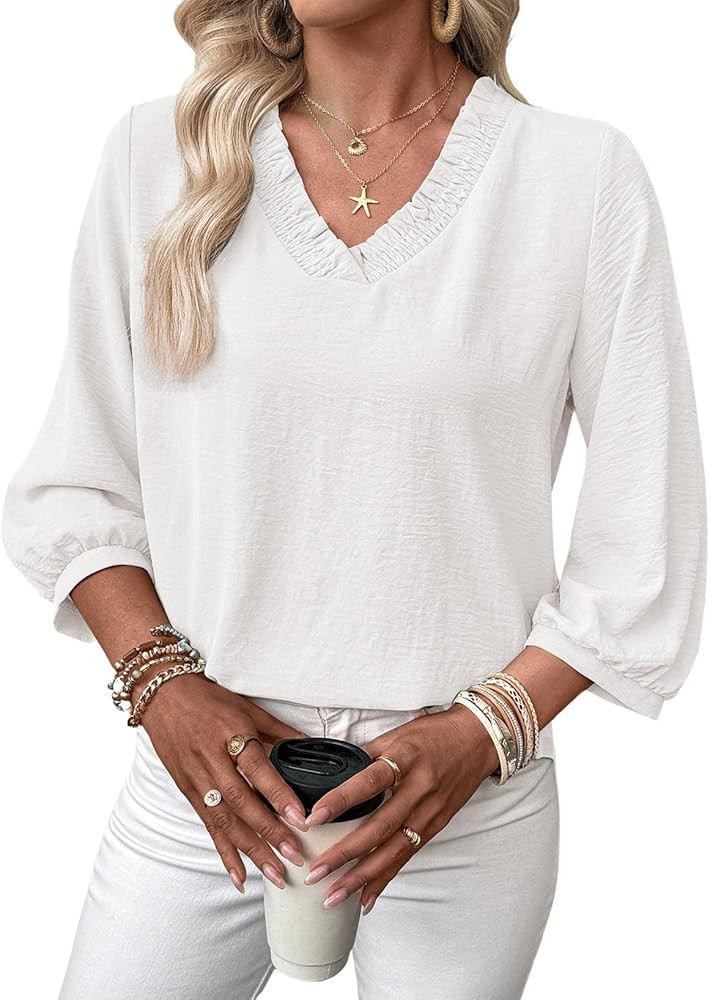 SHEWIN Women Smocked Neck Tops 3/4 Sleeve Loose Fit Shirts Business Dressy Casual 2026 | Amazon (US)