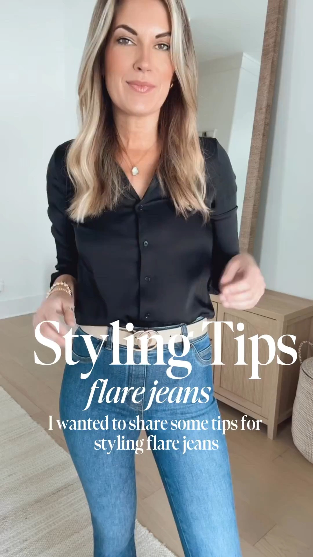 Tips for styling flare jeans!  Take advantage of a high waist and long inseam.  Wear heels and make your legs look a mile long!  I am 5’11” wearing xs tall. Use code RACHELXSPANX for a discount! I am in xs in the silk top and small in the belt. Black leather pumps true to size.  

#LTKWatchNow #LTKStyleTip #LTKOver40