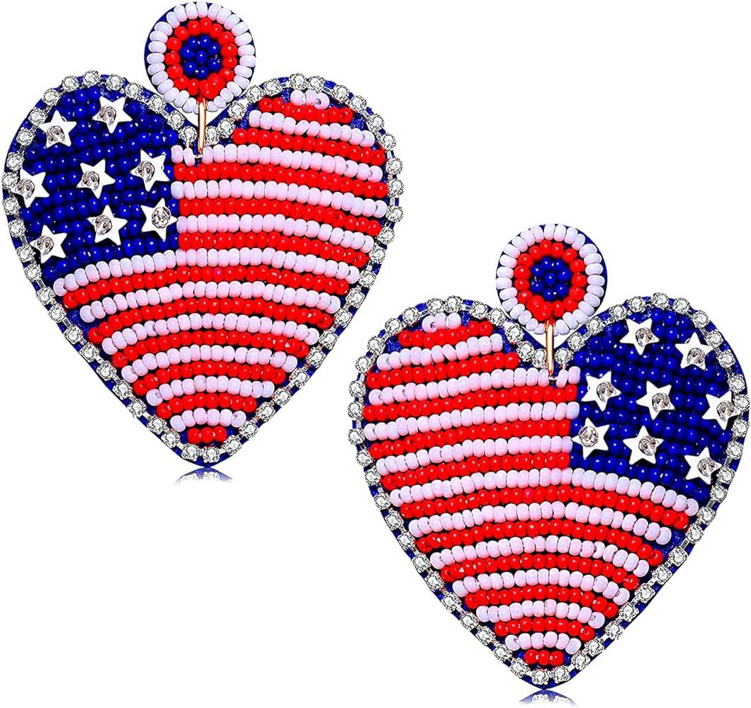 American Flag Earrings Beaded Ice-cream Heart Star Drop Dangle Earrings for Women Handmade 4th of Ju | Amazon (US)