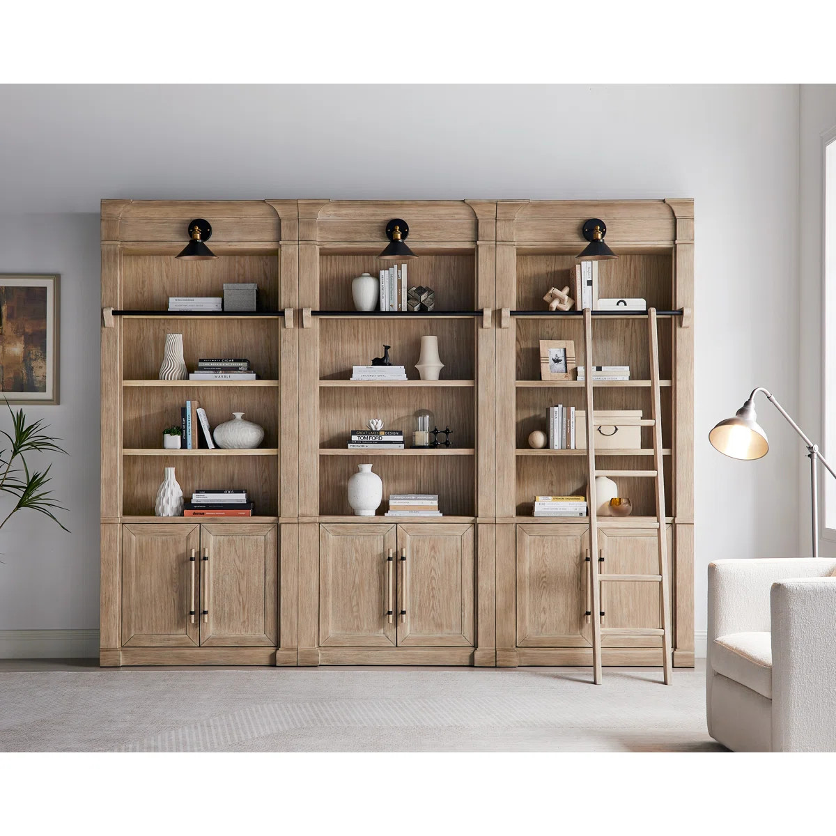 Three 8' Tall Bookcase Wall With Ladder, Storage Organizer, Display Shelf for Office, Brown | Wayfair North America