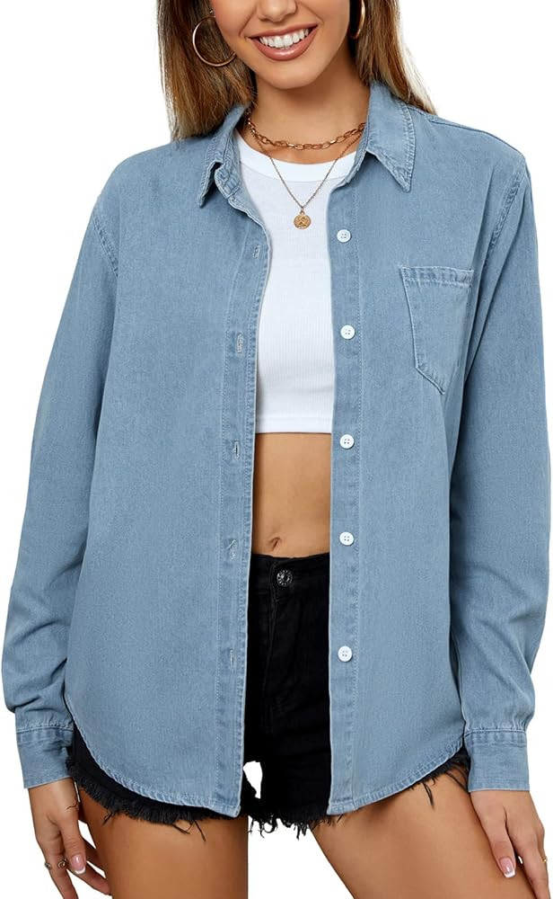 PJ PAUL JONES Women's Button Down Jean Shirt Casual Long Sleeve Classic Denim Blouse Relaxed Fit ... | Amazon (US)