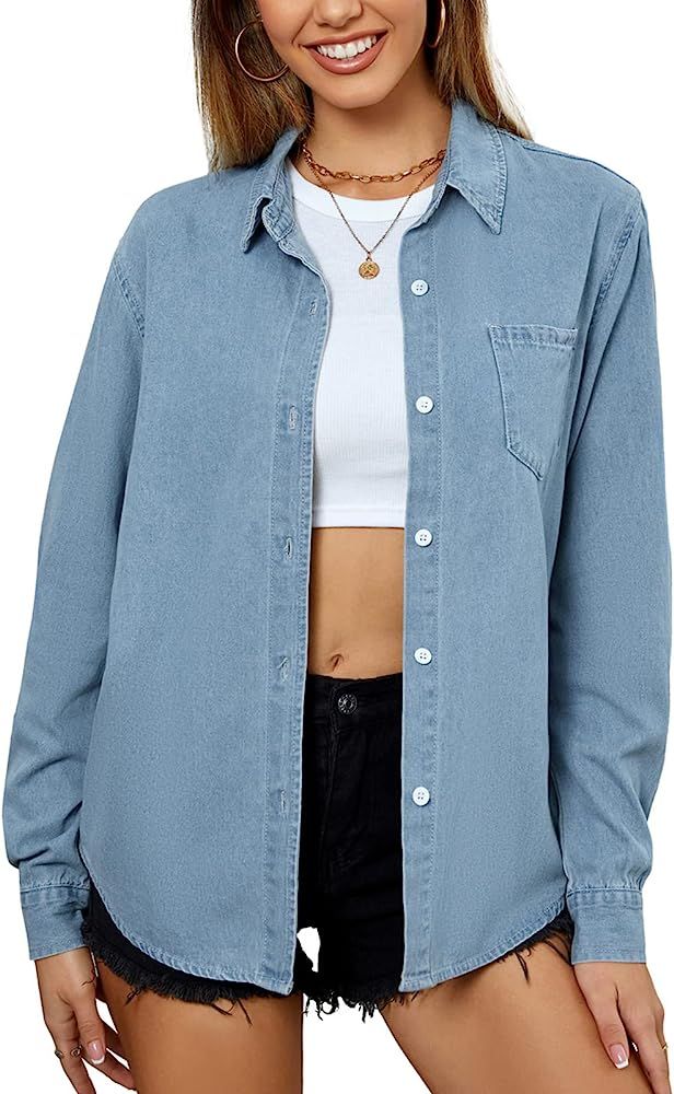 Women's Button Down Jean Shirt Casual Long Sleeve Classic Denim Blouse Jackets Relaxed Fit Chambr... | Amazon (US)