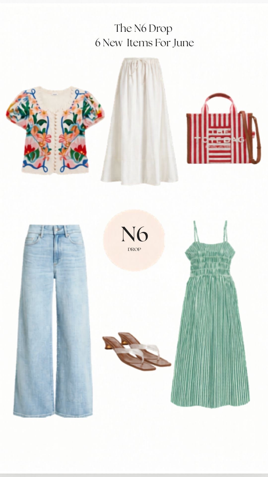 The JUNE N6 Drop
6 pieces my Nordstrom styling friends and I picked to create a mini capsule for spring to summer.

Let me know your favorite.

Summer sundress, summer top, farm Rio, lightwash jeans, PAIGE Anessa, elevated flip flops, stripe tote, white skirt, summer skirt, petite