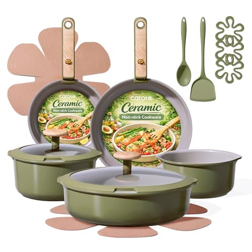 CAROTE 18 Pcs Ceramic Cookware Set Detachable Handle, Non Toxic Pots and Pans Set Non Stick, Induction Kitchen Cookware Removable Handles, Oven Safe, Stackable RV/Camping Cooking Set, Green | Amazon (US)