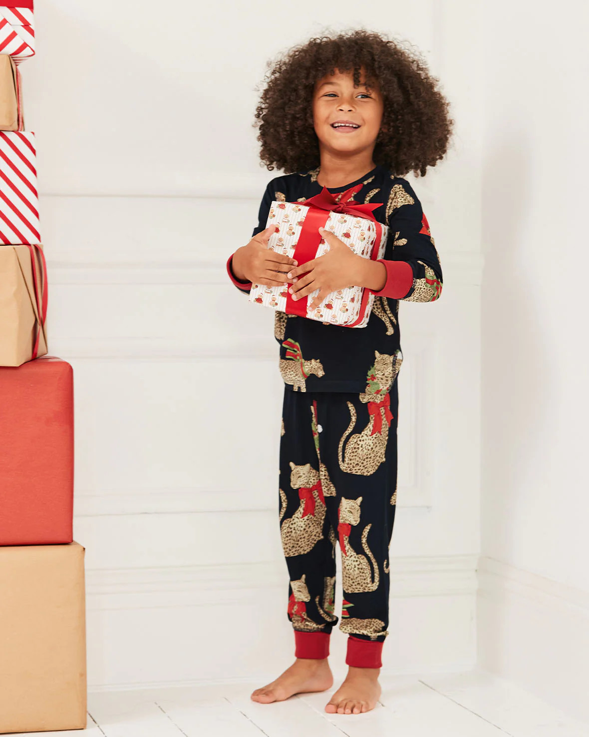 Kids Christmas Leopard Print Long Pyjama Set | Chelsea Peers NYC