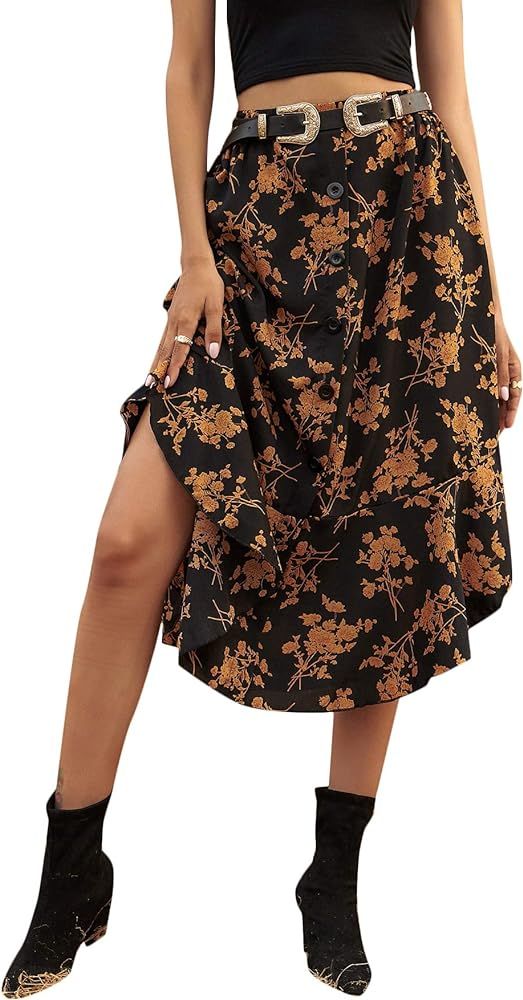 GORGLITTER Women's Floral Print Midi Skirt Button Front High Waist Ruffle Hem Flowy Skirts | Amazon (US)