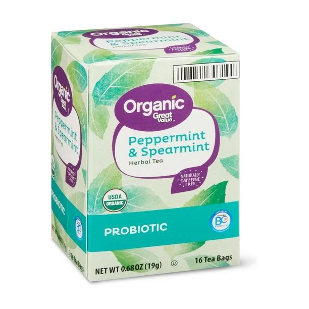 Great Value Organic Peppermint & Spearmint Probiotic Herbal Tea, 0.68 oz, 16 Ct | Walmart (US)