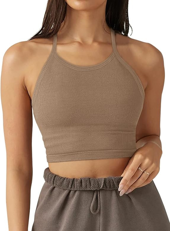 LASLULU Sports Bra for Women Crop Tops Racer Back Tank Tops Longline Workout Yoga Bra Halter Neck Cr | Amazon (US)