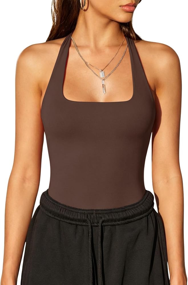 QINSEN Womens Halter Top Double Lined Tank Top Sleeveless Open Back Slim fit Going Out Tops | Amazon (US)